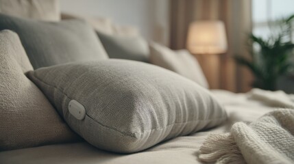 Close medium shot showing the cuddlerobot pillows sensors activating finely detailed fabric in focus while surrounding cushions and room elements fade into soft blur highlighting