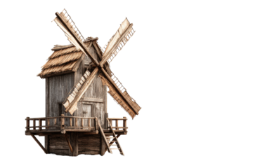 Rustic Wooden Post Mill Windmill Isolated on Transparent Background