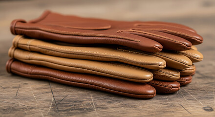 Obraz premium Luxurious soft leather gloves stacked on vintage wooden table a pair of stylish accessories for fashion and warmth