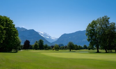  clean golf course in the alps with mountains in the background, a clear blue sky, trees, and lush green grass