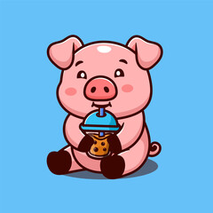 illustration cute cartoon pig sitting and drinking boba