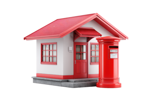 Miniature Post Office Building with Red Mailbox on Transparent Background - Powered by Adobe