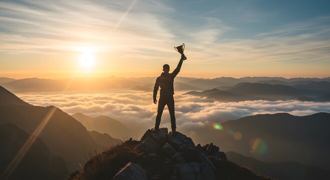 Victorious Person Holding Trophy on Mountain Peak During Sunrise - Powered by Adobe