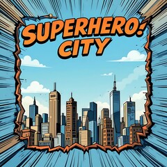 Superhero City Comic Book Panel with Skyline and Cracking Border