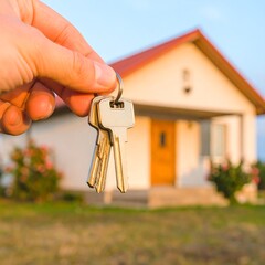 Hand holding keys in front of a house symbolizing home ownership and real estate.