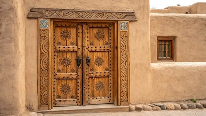 Obraz premium Ornate wooden door with carvings in a stucco building facade
