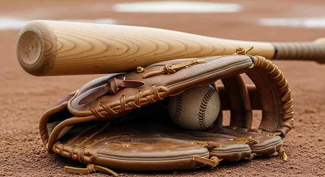 Classic baseball equipment including a wooden bat leather glove and ball resting on a dirt infield with shallow depth of field