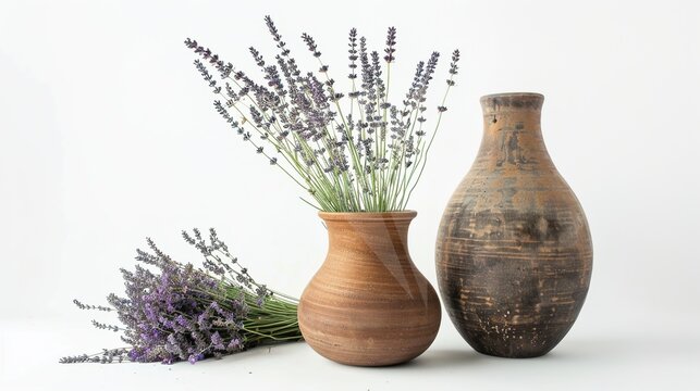 Lavender and Vase on a White Background – a simple and elegant composition. The white background highlights the delicate lavender and vase, creating a fresh and calming visual.