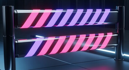Futuristic Machine with Glowing Pink and Purple Striped Ribbons on Dual Rollers.