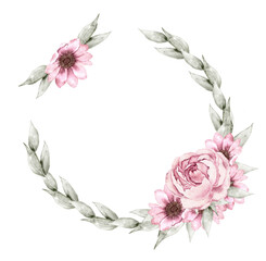 Watercolor floral wreath with eucalyptus leaves, pink peony and anemone flowers, hand painted botanical frame for weddings and romantic designs