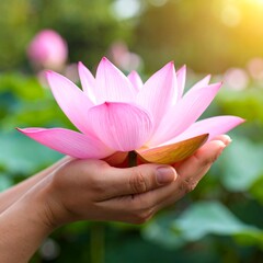 Hands holding a beautiful pink lotus flower in a serene pond with soft sunlight.