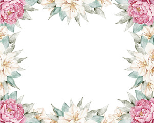 Obraz premium Watercolor busy rectangular floral frame with roses and white azaleas, elegant hand painted botanical border for cards and wedding stationery.
