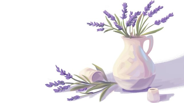 Lavender and Vase on a White Background – a simple and elegant composition. The white background highlights the delicate lavender and vase, creating a fresh and calming visual.