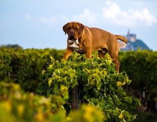 Dog in vineyard, alert posture