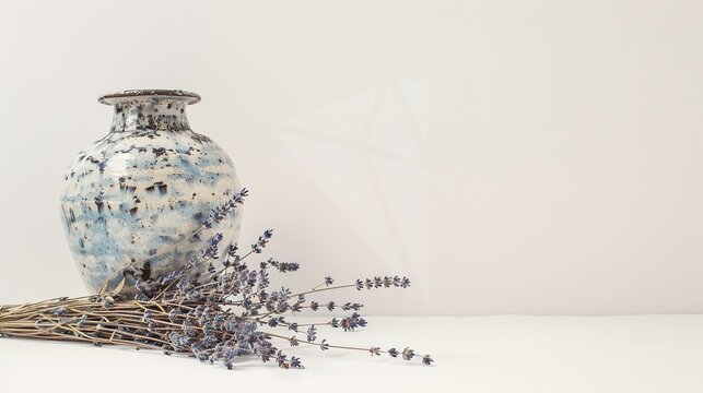 Lavender and Vase on a White Background – a simple and elegant composition. The white background highlights the delicate lavender and vase, creating a fresh and calming visual.