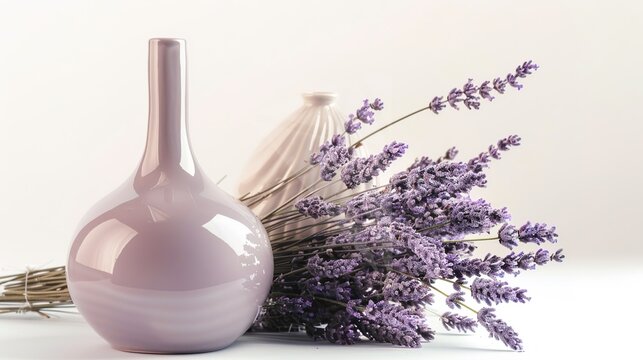 Lavender and Vase on a White Background – a simple and elegant composition. The white background highlights the delicate lavender and vase, creating a fresh and calming visual.