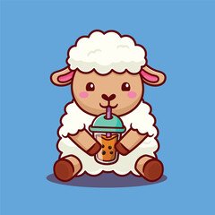 cartoon sheep drink boba flat design good for sticker