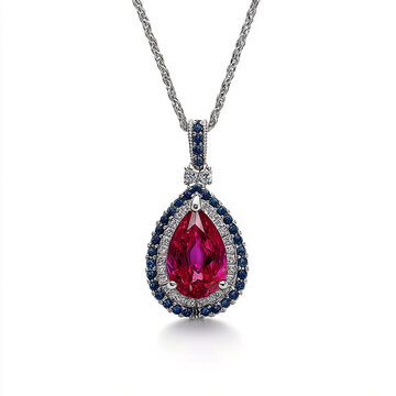 Create a High-def Pear-cut ruby pendant with sapphire accents against a clean and crisp white background