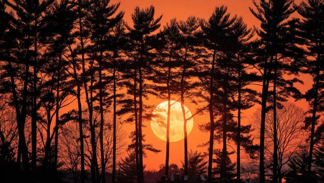 Full moon rising behind silhouetted pines at sunset, creating a fiery orange sky