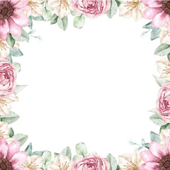 Watercolor busy square floral frame with peonies and white azaleas, elegant hand painted botanical border for cards and wedding stationery.