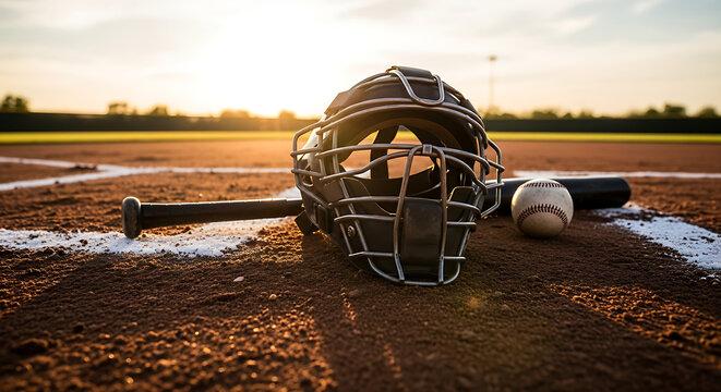 Baseball catcher gear including mask helmet bat and ball on field during golden hour with warm sunlight creating dramatic shadows and a sense of anticipation for the game ahead