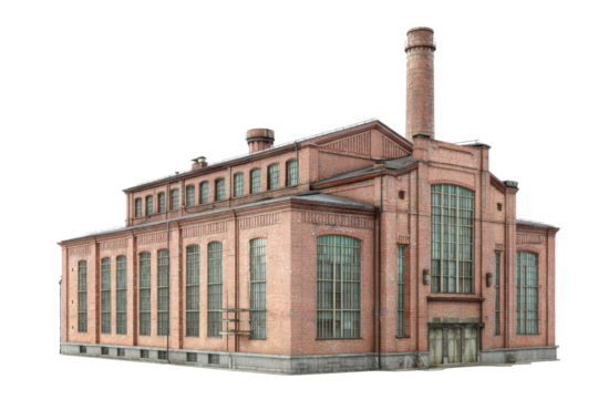 Vintage Brick Power Station Building on Transparent Background