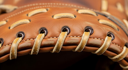 Close up on baseball glove lacing showing detailed stitching and leather texture for sports equipment and game preparation