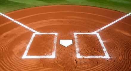 Close up view of a baseball field home plate with foul lines and batter's boxes visible on a sunny day
