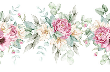 Elegant watercolor floral border with pink roses, anemone, white azalea and soft eucalyptus leaves, perfect for wedding stationery and cards.
