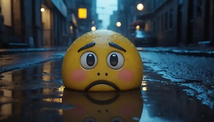 Sad Emoji Reflecting in Rainy City Street Puddle Reflecting Urban Lights
