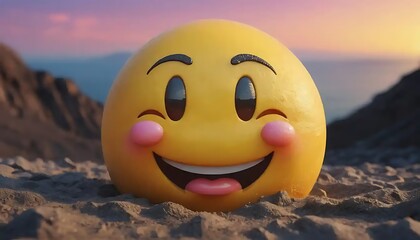 Joyful Emoji on Sandy Beach During Sunset Representing Happiness and Vacation