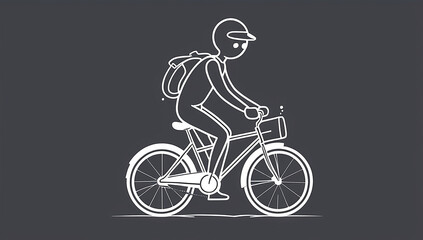 Fototapeta premium Illustration of a person riding a bicycle on a gray background, wearing a helmet and backpack