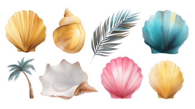A collection of colorful seashells and palm leaf illustrations, perfect for tropical themes.