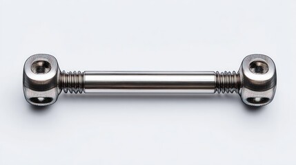 Metal bar with threaded ends, joined to cylindrical pieces, on white