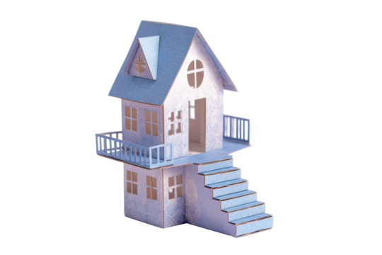 Blue Two-Story Model House on Transparent Background - Powered by Adobe