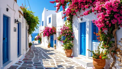 Greek island alleyway with flowers