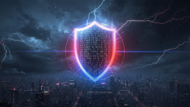 Advanced network protection and data security symbolized by a luminous shield over a dark cityscape