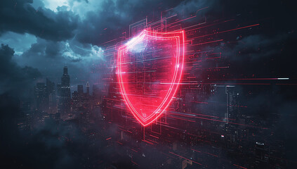 Futuristic cybersecurity concept with a glowing red shield protecting a dark cityscape from digital threats