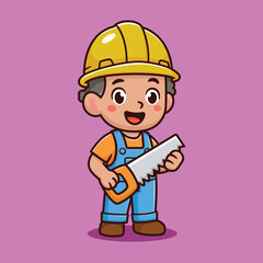 cartoon worker with saw work use yellow helmet illustration design