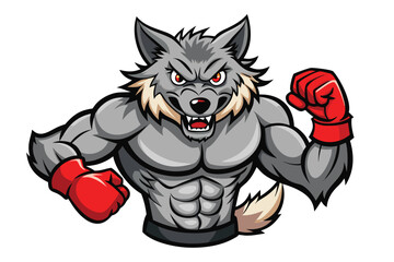 Powerful wolf boxer with muscular physique and red gloves ready to fight with fierce determination