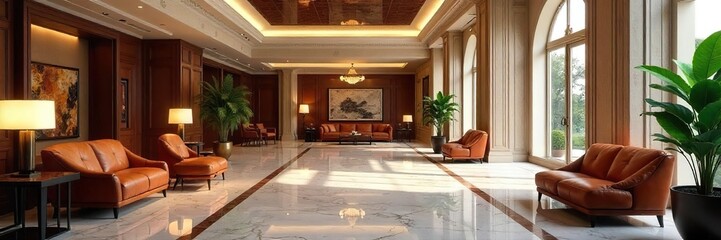Naklejka premium Luxurious hotel lobby interior with plush seating, elegant lighting, and marble flooring Perfect for travel, hospitality, and luxury lifestyle imagery , flooring, column