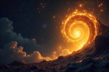 Intricate golden swirls emanate mystical energy, glowing with otherworldly light against a dark, star-studded background Perfect for fantasy, occult, or magical themes , gold, art, abstract