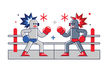 Robots battle in boxing ring with dynamic action sparks and vibrant energy