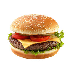 Close-up of a classic cheeseburger.  A toasted bun, topped with a juicy patty, melted cheese, sliced tomatoes, pickles, and lettuce.  A perfect image for a fast food restaurant