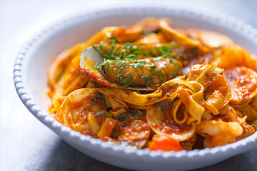 italian seafood pasta in tomato sauce
