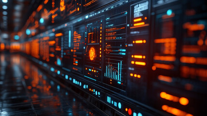 Futuristic Digital Interface with Glowing Orange and Blue Data Streams