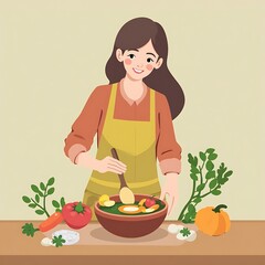 Smiling Woman Preparing Vibrant Vegetable Bowl: A Cheerful Cooking Illustration