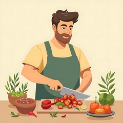 Smiling Chef Preparing Vibrant Red Peppers: A Delightful Culinary Illustration