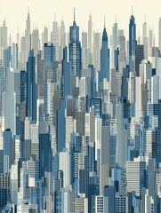 Fototapeta premium Stylized Depiction of a City Skyline Featuring Modern Skyscrapers With Blue Hues and Geometric Patterns in a Vibrant Urban Landscape