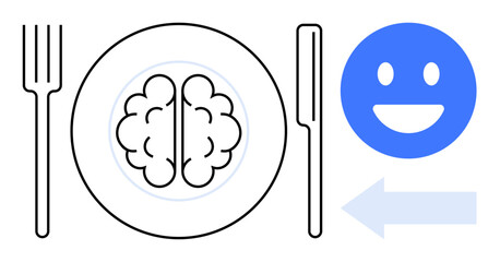Brain placed on a dinner plate with a fork, knife, happy face emotion, and arrow symbol. Ideal for mental health, self-care, nutrition, mindfulness, balance productivity simple landing page